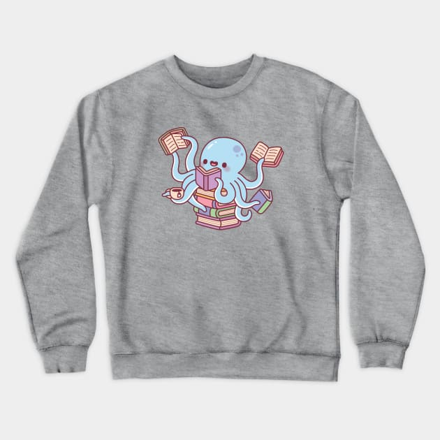 Cute Octopus Busy Reading Books Crewneck Sweatshirt by rustydoodle